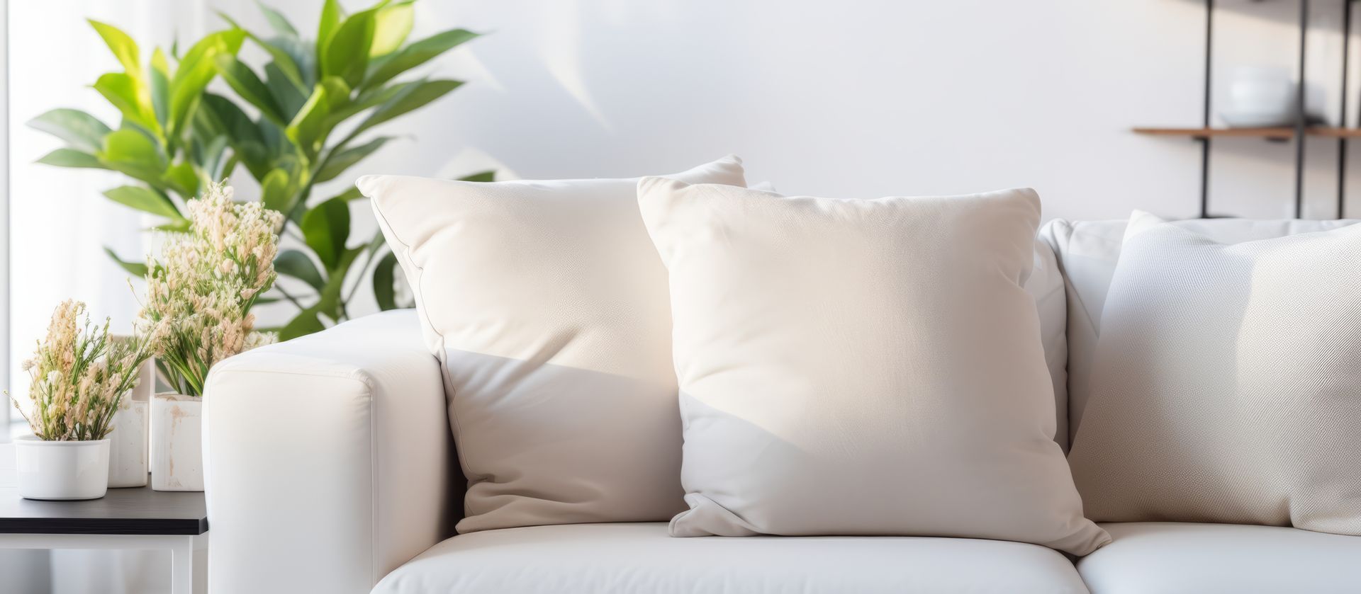 Bright living room sofa with white pillows, potted green plants, and a minimalist shelf