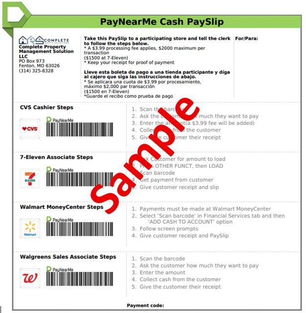 Sample PayNearMe cash pay slip with store logos and barcode, green header, and red diagonal sample stamp