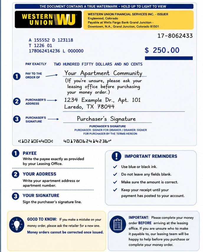 Western Union money order form for $250, with sender and payee details filled in.