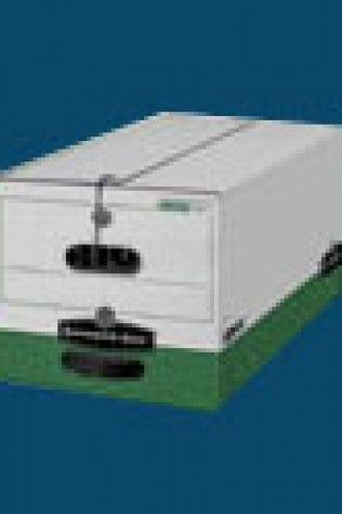 A white box with two drawers on a green base on a blue background.