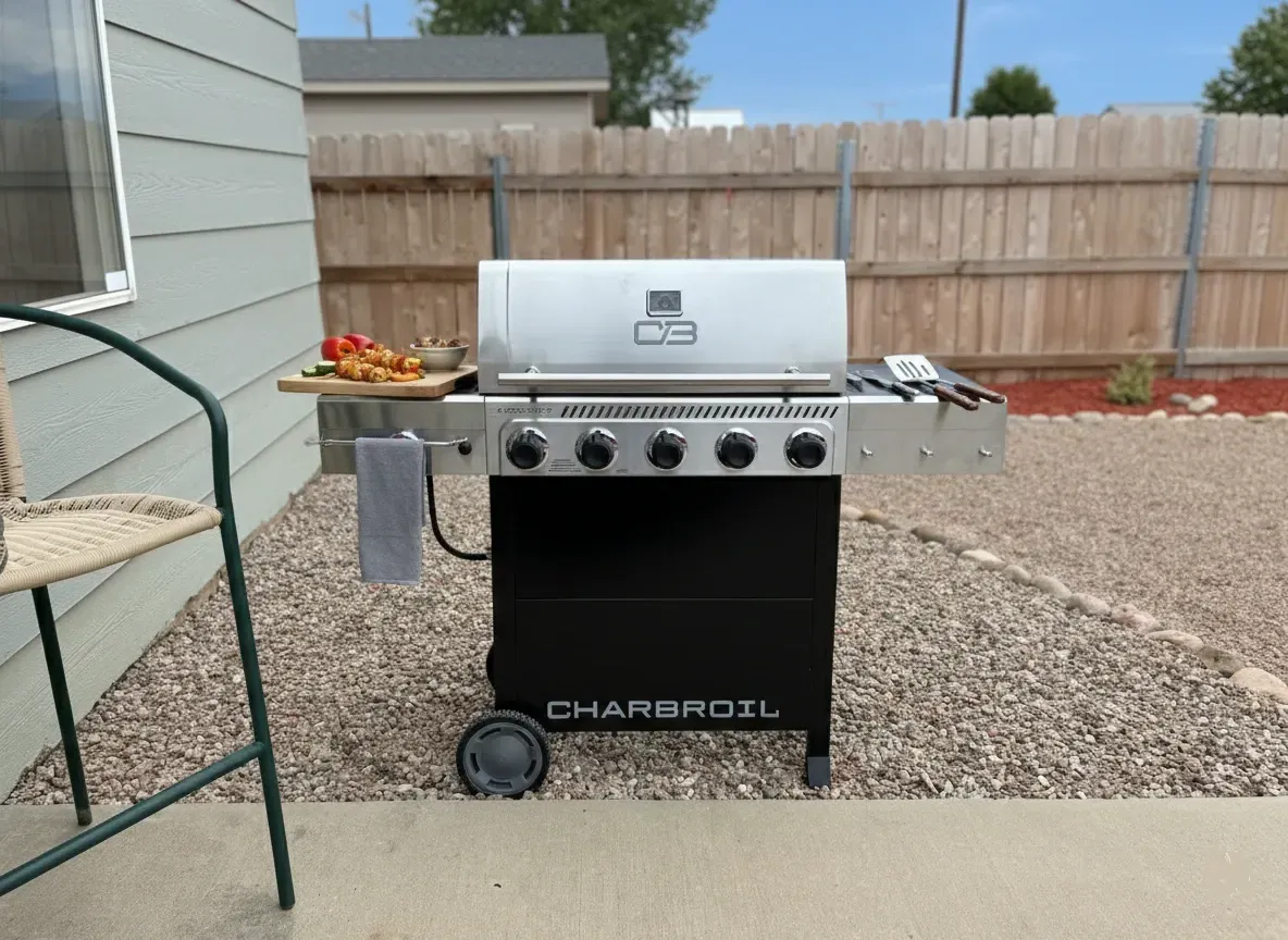 Outdoor dining and grilling area at the Backyard Movie House, featuring a clean Char-Broil grill and seating for team bonding after events at the World Arena or Sky View Sports Complex.