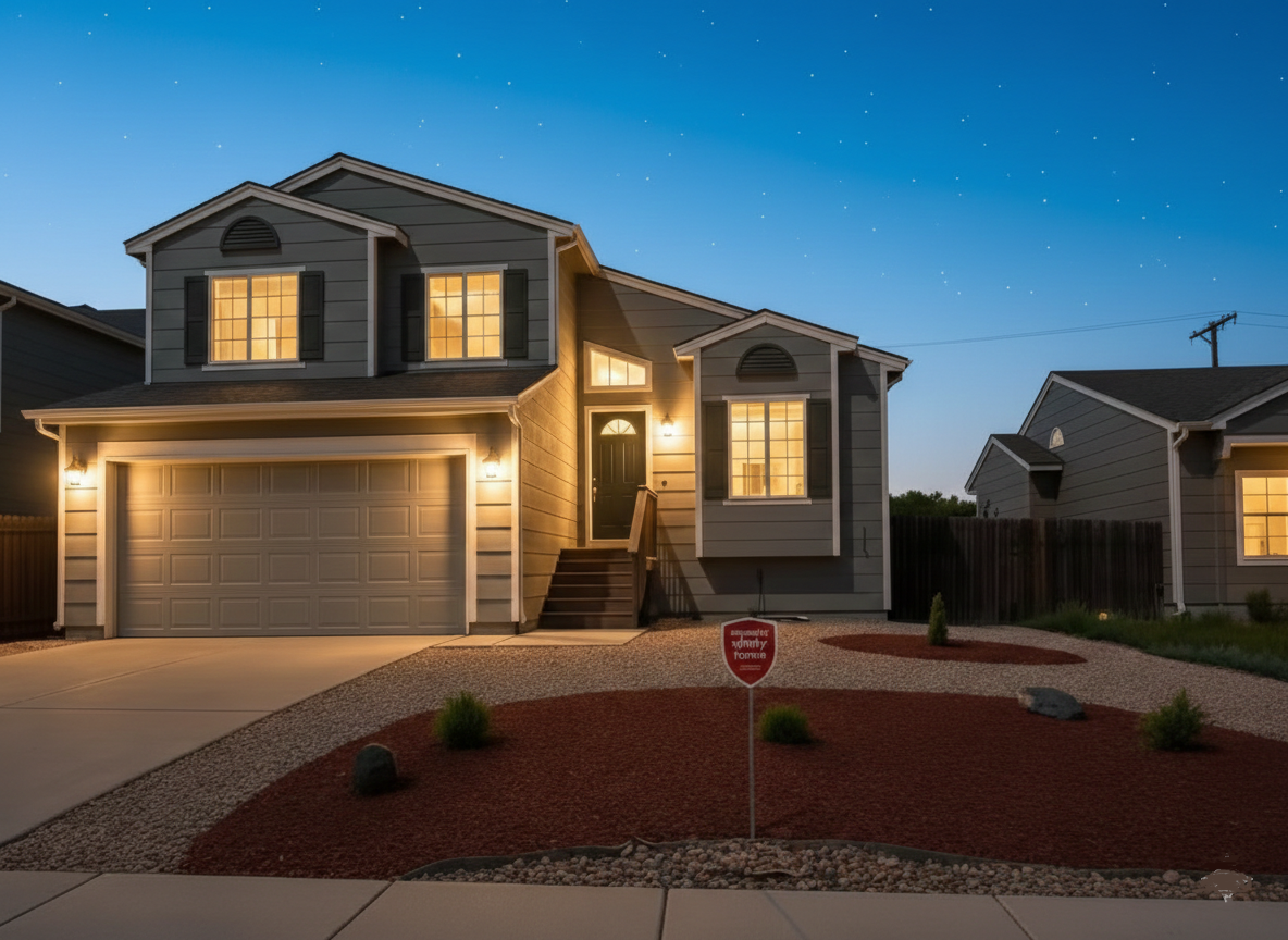 Two-story gray house at night with lit windows, garage door, and a red rock landscape under a starry sky.