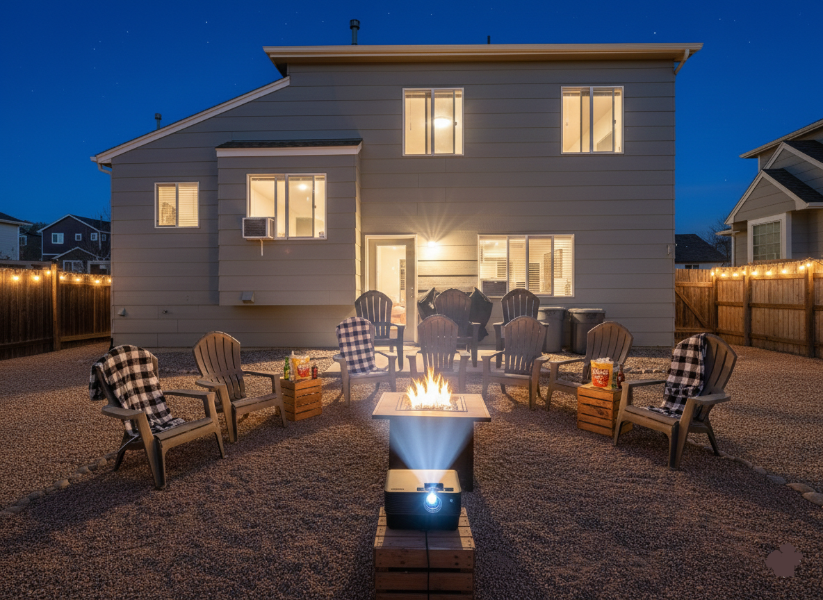 Signature Backyard Cinema setup withinflatable screen and fire pit—the premier team bonding venue in Fountain, CO near Sky View Sports Complex.