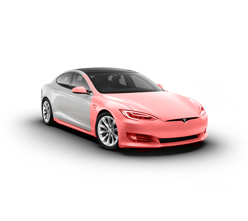 A tesla model s with a pink paint job on a white background.