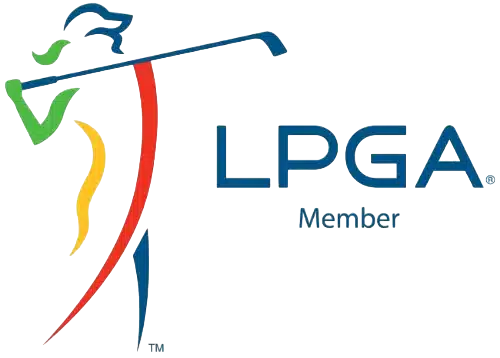 The logo for the lpga member is a woman holding a golf club.