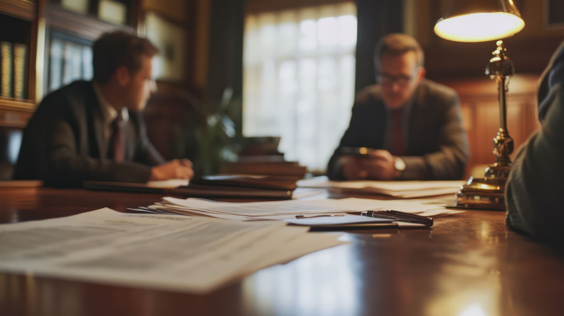Criminal defense attorney meeting with clients to review legal strategy in a professional law office.