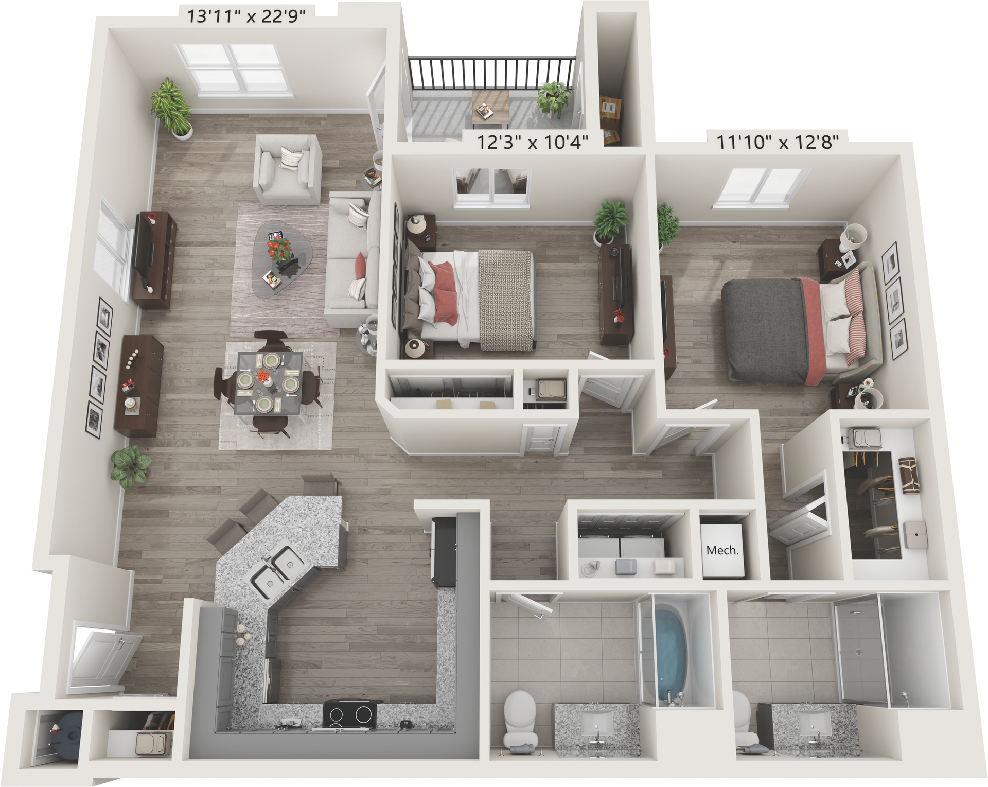 a 3d floor plan of a 2 bed 2 bath unit shows the bedrooms and bathrooms