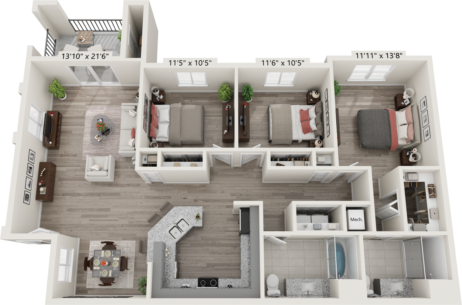 a 3d floor plan of a 3 bed 2 bath unit shows the bedrooms and bathrooms
