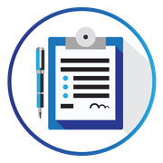 An icon of a clipboard with a pen on it.