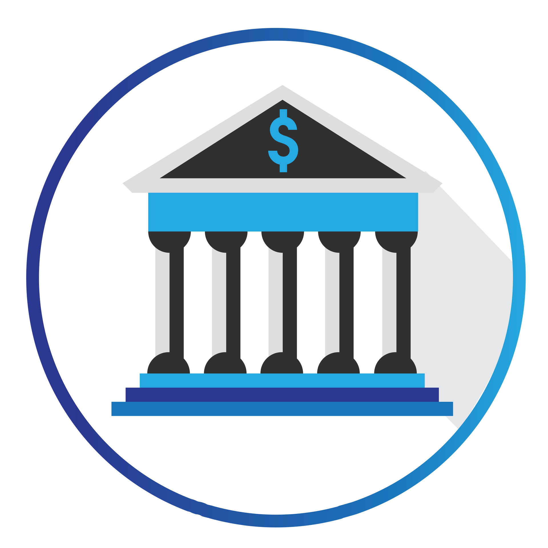 An icon of a bank building with a dollar sign on the top.