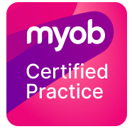 A pink and purple logo for myob certified practice.