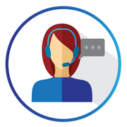 A woman wearing a headset with a speech bubble above her head.