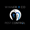 A logo for winner + co pest control with a coffin and termites.