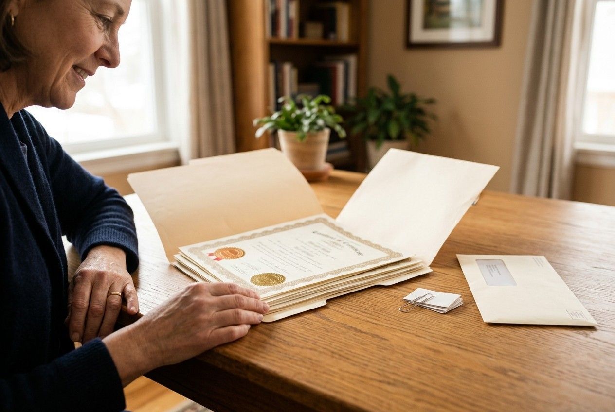 A woman's hands and partial face are visible as she looks over a stack of certificates in file folders on a wooden table in a softly lit home interior.