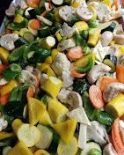 Colorful mixed vegetables and mushrooms in a close-up, ready-to-cook stir-fry mix