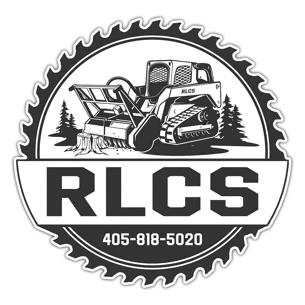 Black-and-white RLCS logo with a skid steer, trees, and phone number 405-818-5020