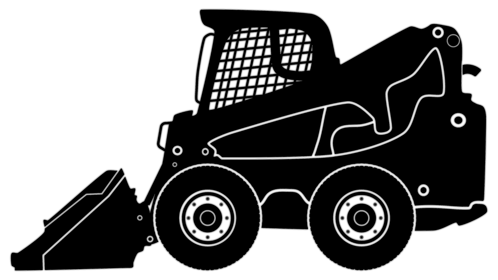 Black silhouette of a skid steer loader with bucket, side view on a white background