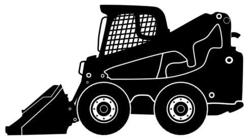 Black-and-white illustration of a skid steer loader with a front mulcher attachment.