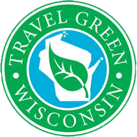 A travel green wisconsin logo with a leaf in the center
