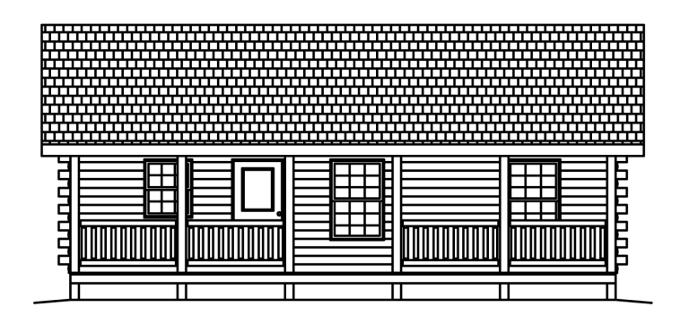 Black-and-white line drawing of a small log cabin with porch and shingled roof