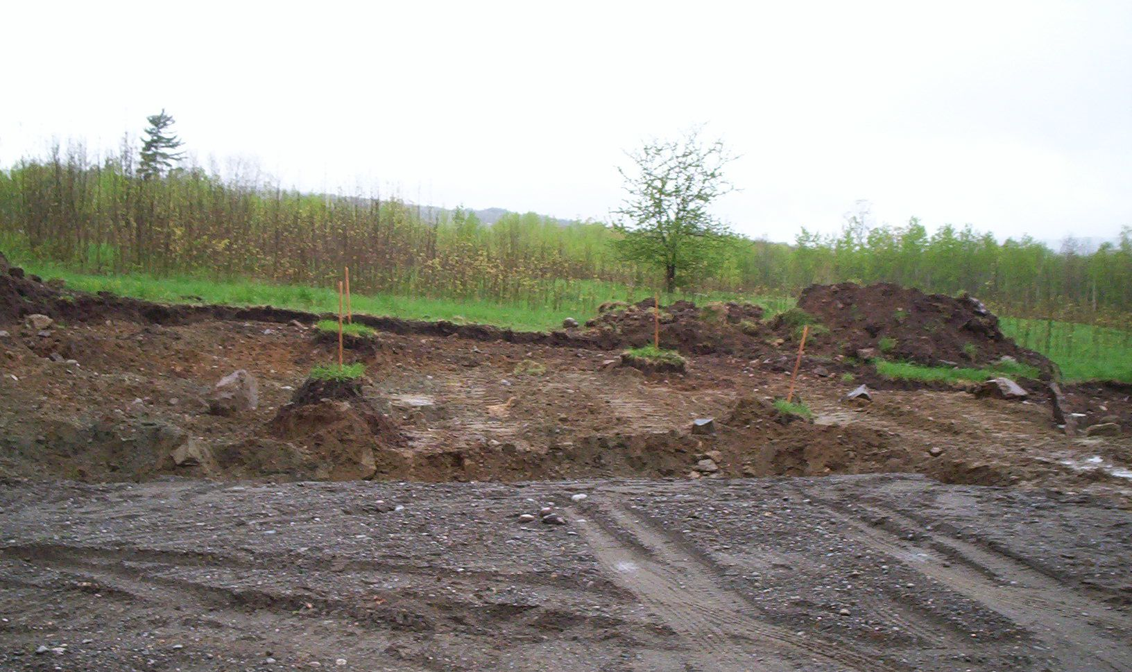 Eroded roadside embankment with exposed soil, gravel foreground, and sparse green vegetation under a gray sky