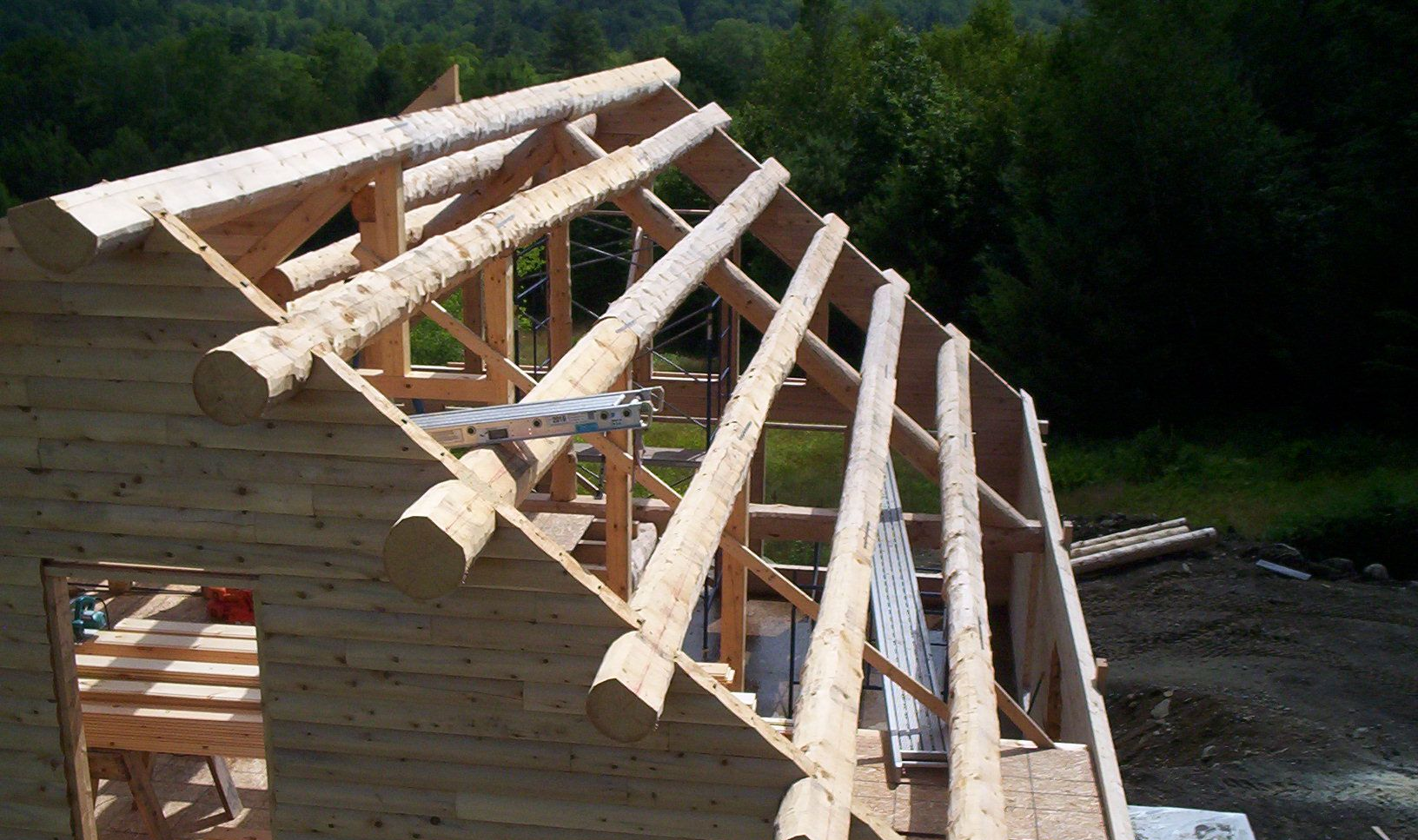 Wooden house frame under construction with exposed rafters and a sloping roof skeleton outdoors.