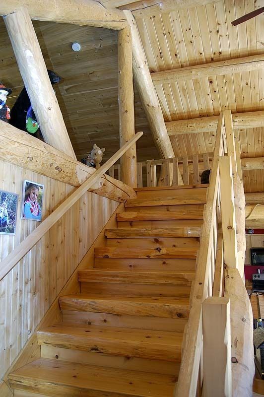 Wooden staircase in a log cabin interior with pine walls and slanted ceiling
