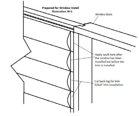 Window install diagram showing window buck, siding, and caulk bead placement after house wrap installation