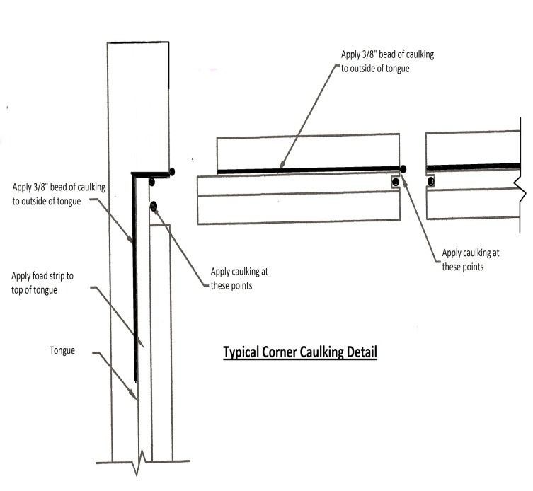 Technical diagram showing a typical corner caulking detail with labeled trim and sealant layers