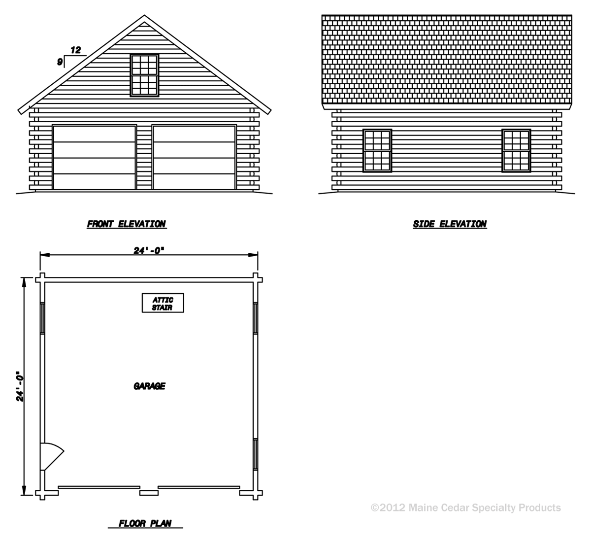 Architectural blueprint of a small house showing front, side, and floor plan views