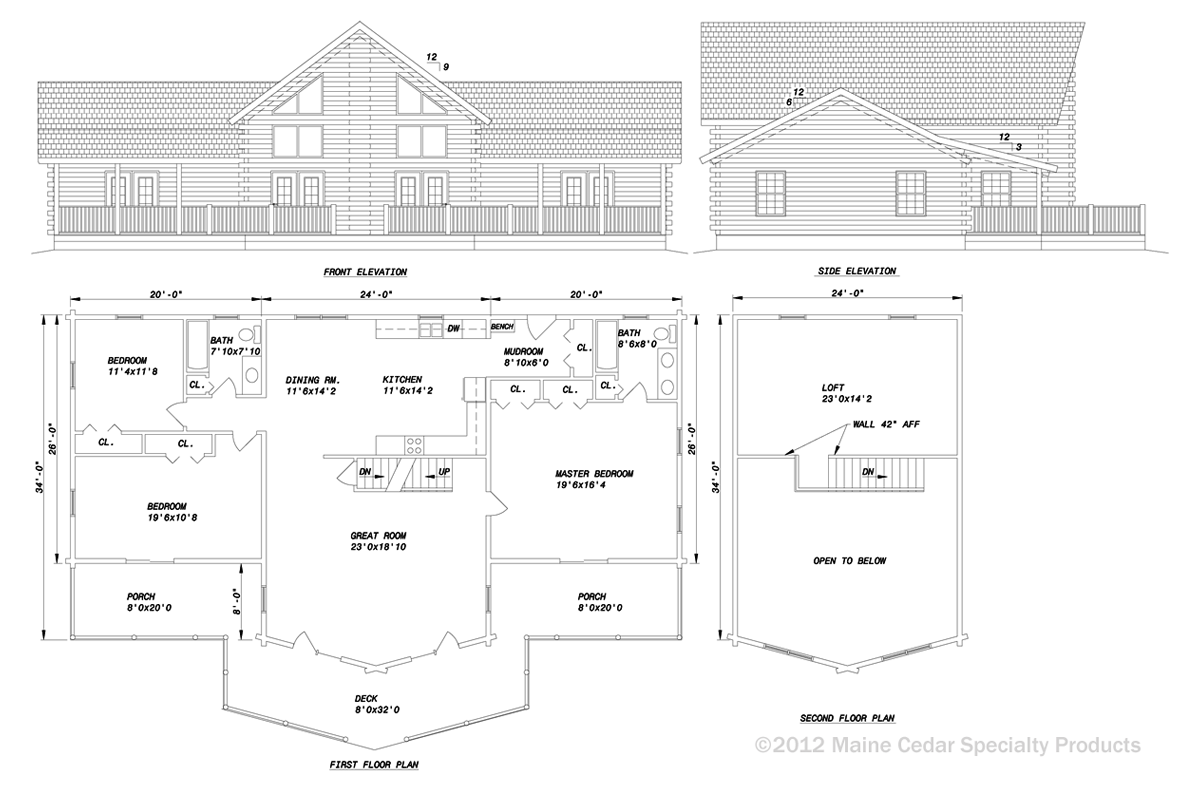 Architectural blueprint of a house exterior and floor plan, showing front and side elevations with room layout.