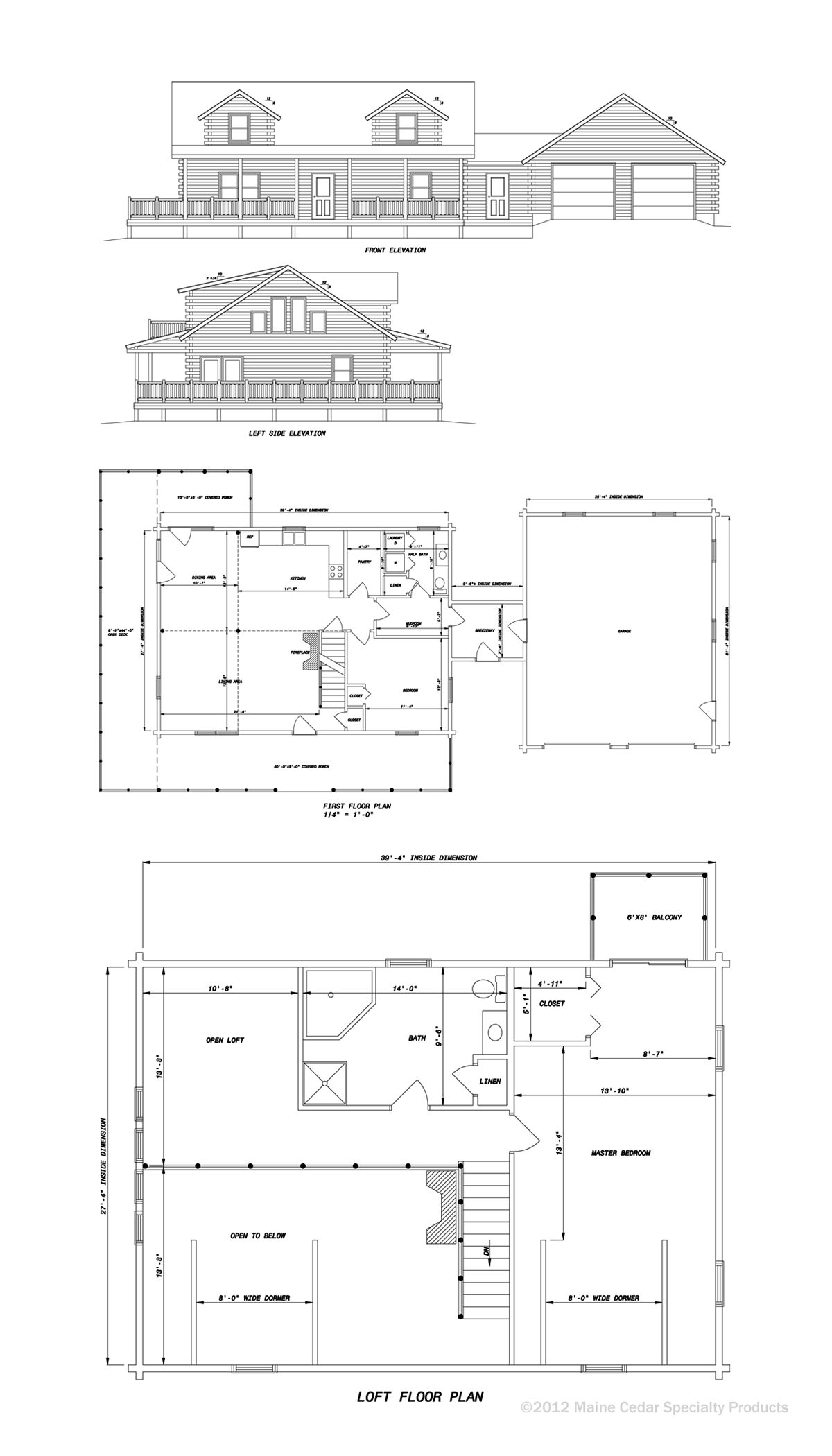 Architectural blueprint with floor plans and elevation drawings of a house