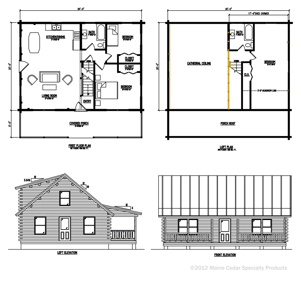 House floor plan and elevation drawings showing room layouts, exterior views, and dimensions.