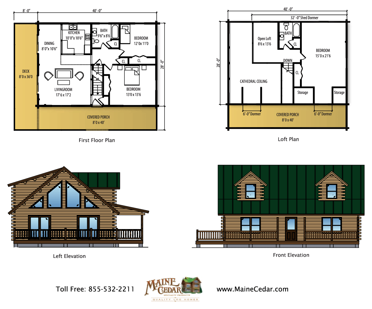 House plan and exterior elevations of a cabin-style home with tan and brown siding and green roof.