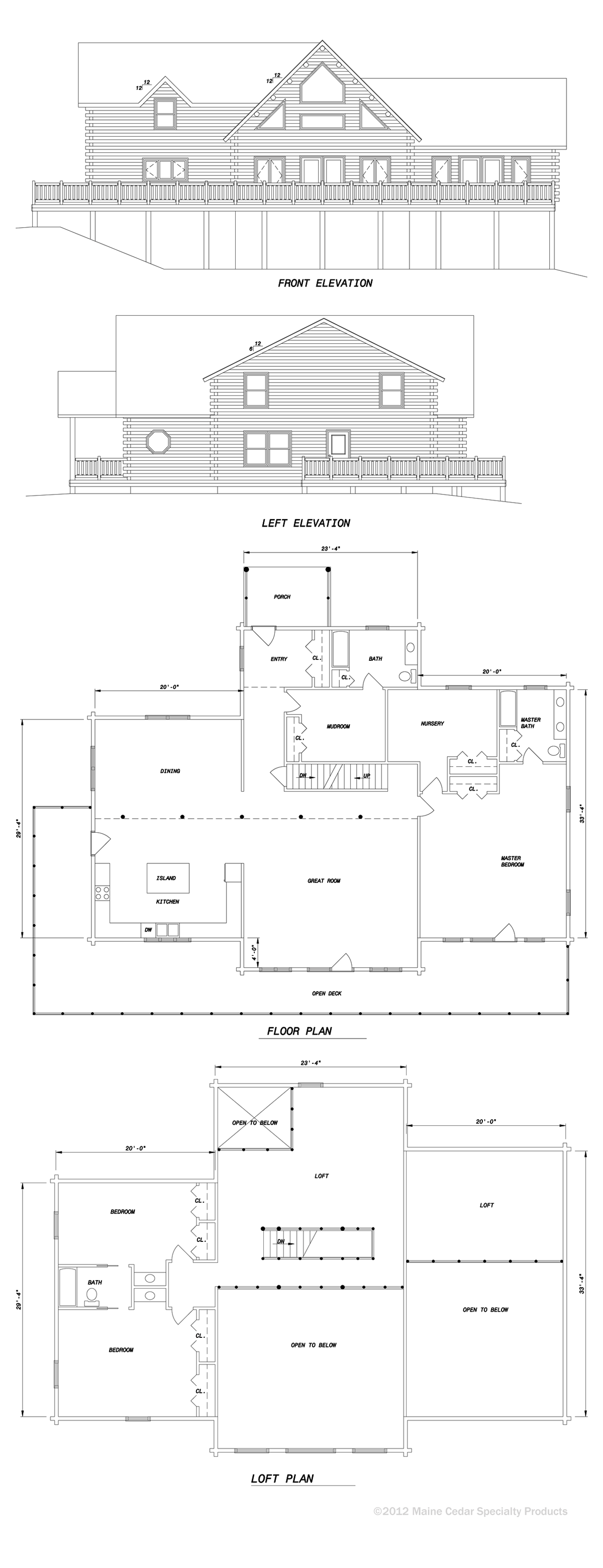 Architectural blueprint with front and floor plan views of a house