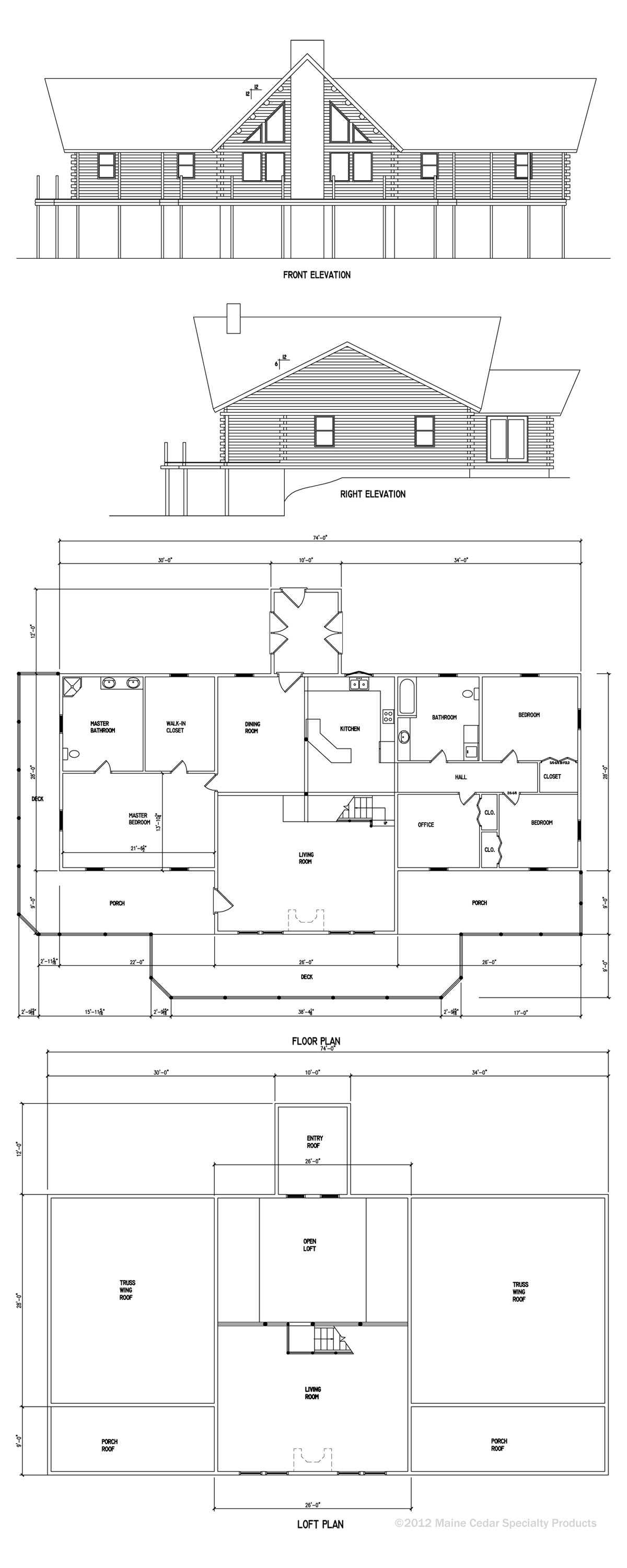 Architectural blueprint showing building elevations and floor plan sections in black and white