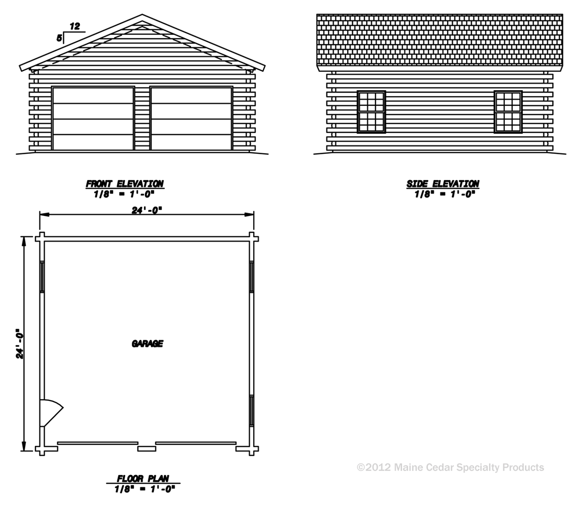 Architectural blueprint of a small house, showing front, side, and floor plan views