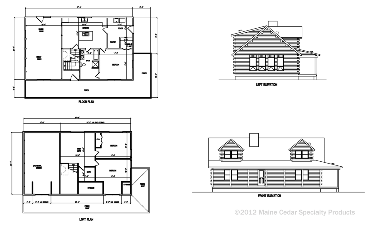 Architectural floor plan and elevation drawings of a house with dimensions and roof details