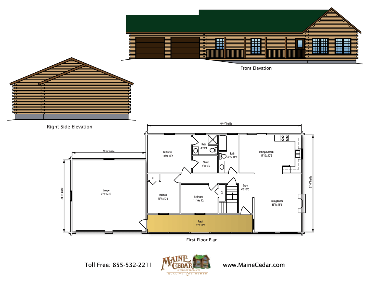 House floor plan with front and side elevation drawings in brown, beige, and green shades