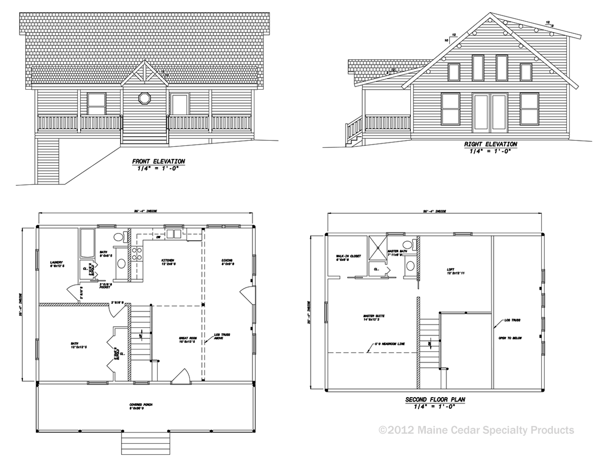 House design blueprint with front and side elevations and two floor plans, black-and-white architectural drawing