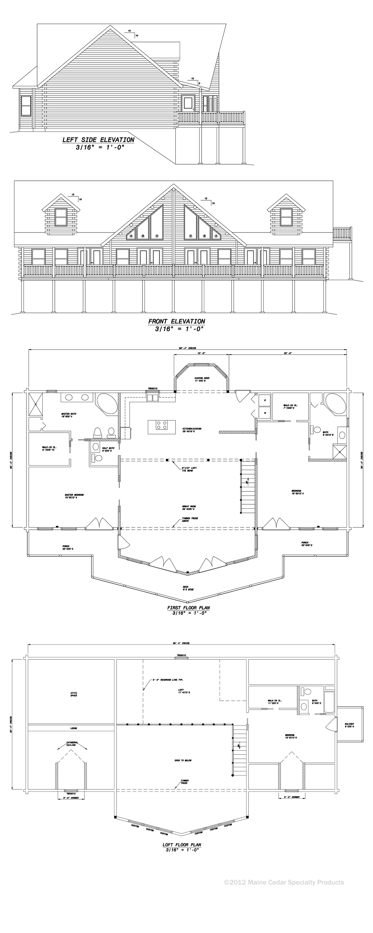 Architectural blueprint sheet with elevation and floor plan diagrams of a large building