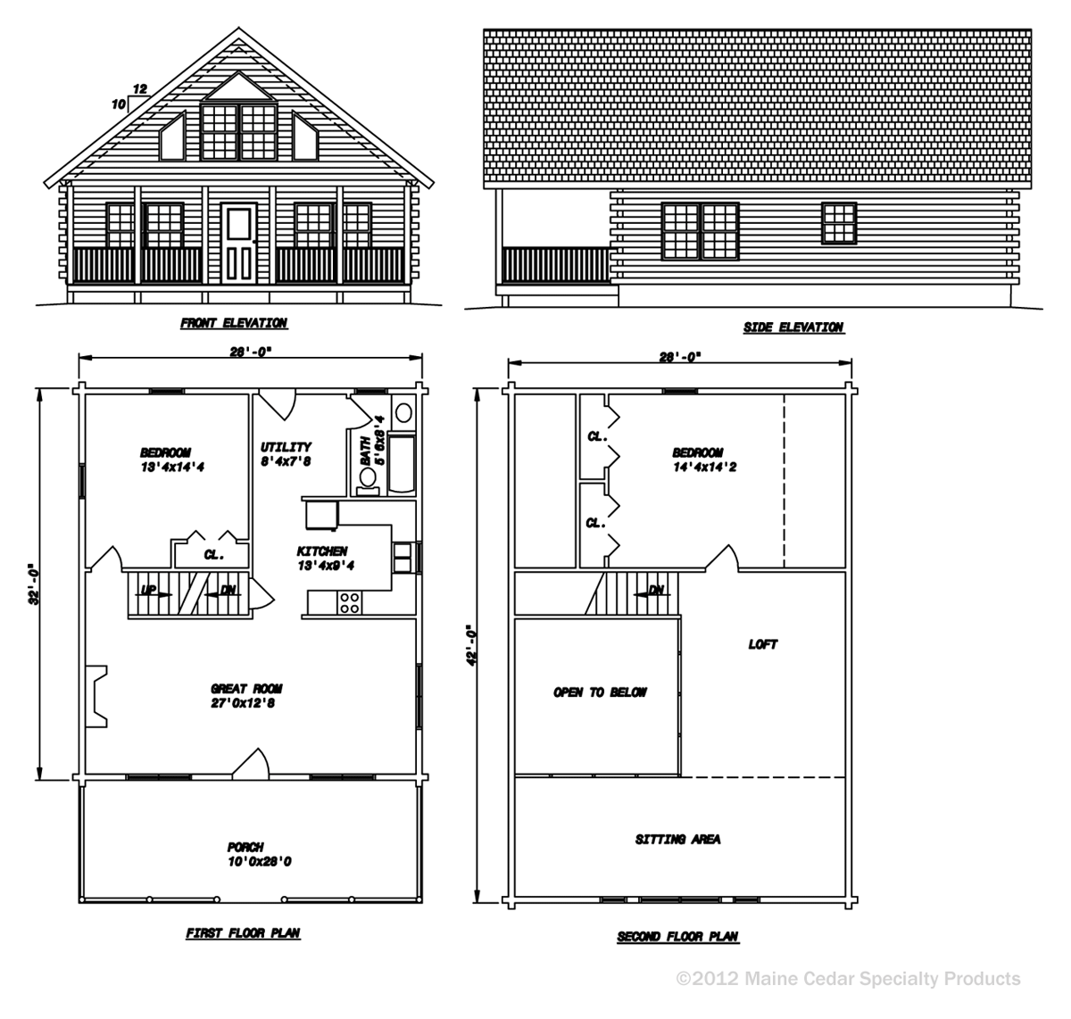 Architectural blueprint showing front, side, and floor plans of a house with labeled rooms and staircase.