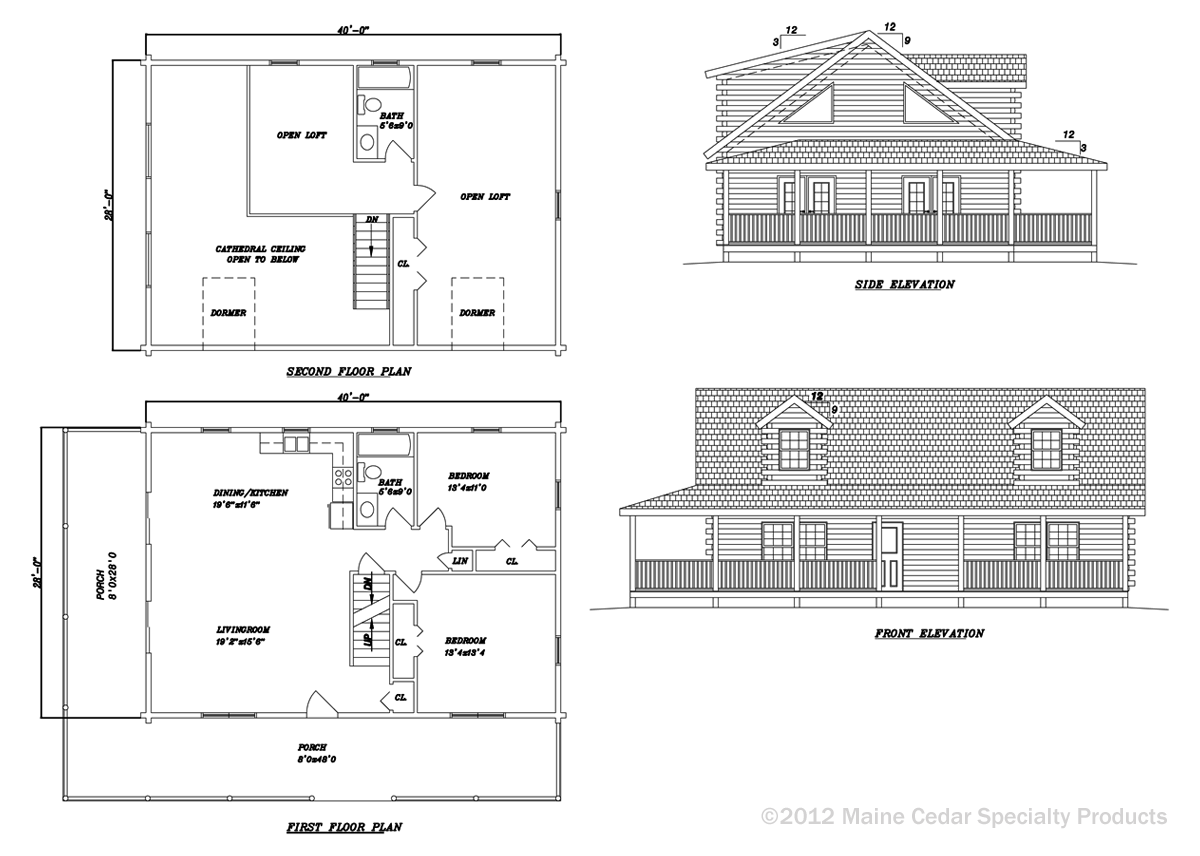 Architectural plans and elevations of a house floor layout and exterior views.