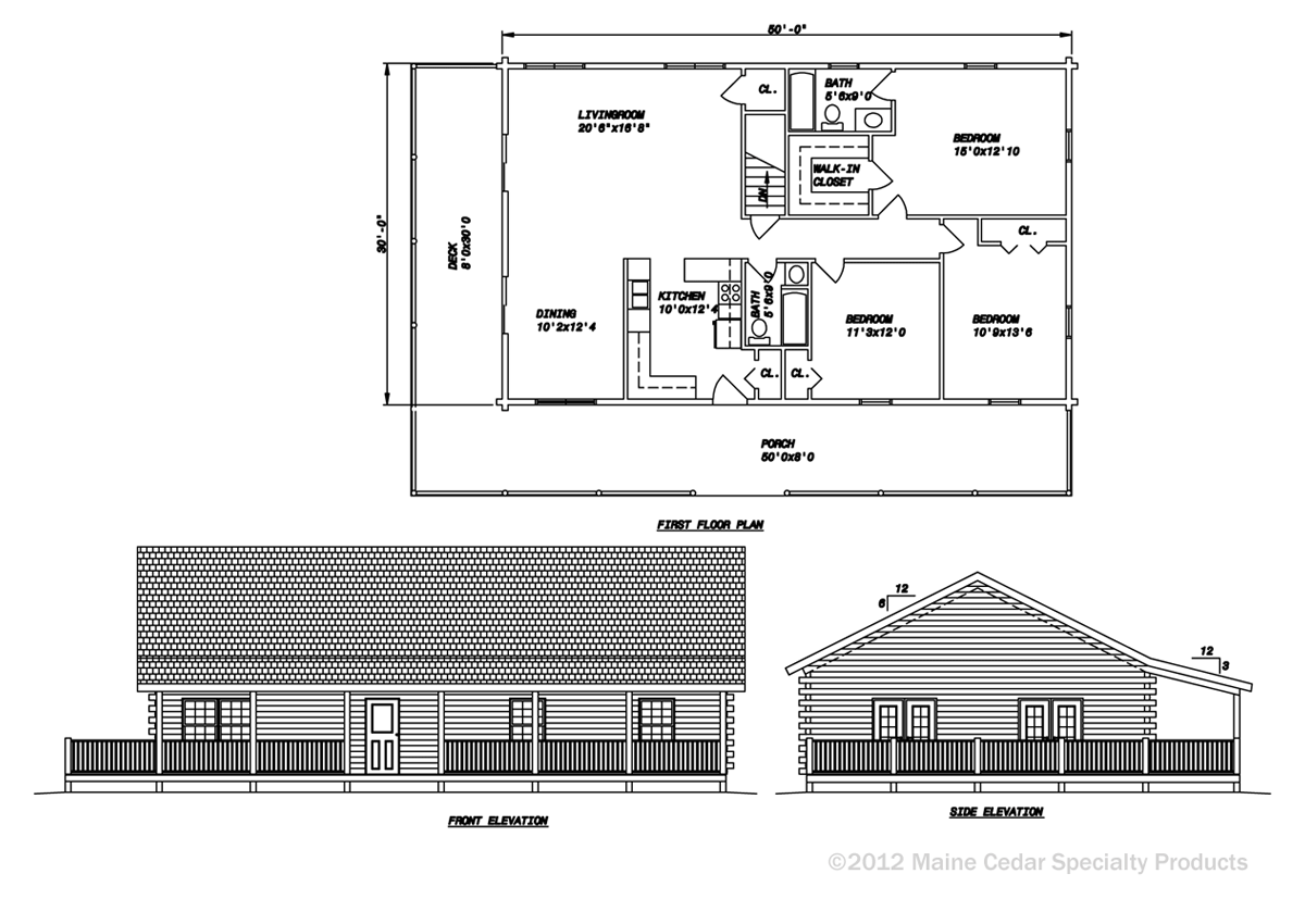 Architectural blueprint with floor plan and two building elevation drawings.
