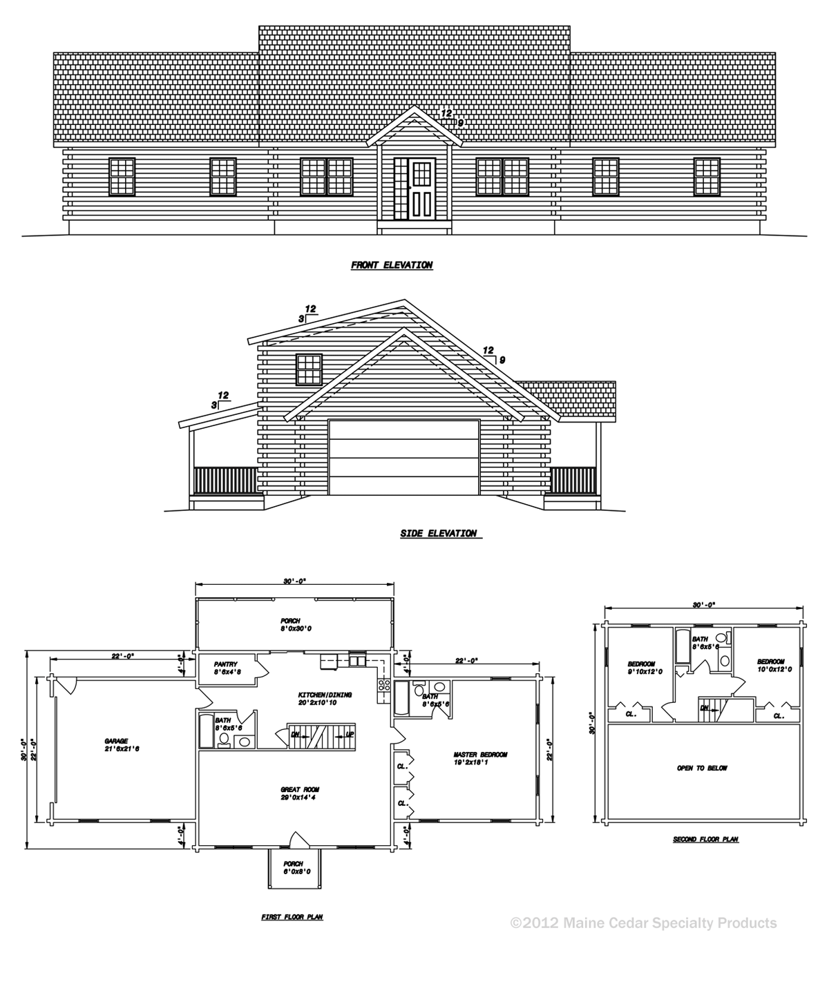 Architectural blueprint showing house elevations, floor plan, and roof details