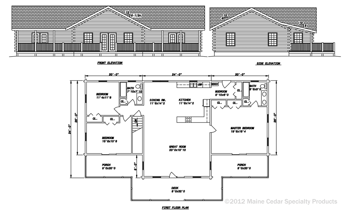 Architectural blueprint showing a building elevation and floor plan with labeled rooms.