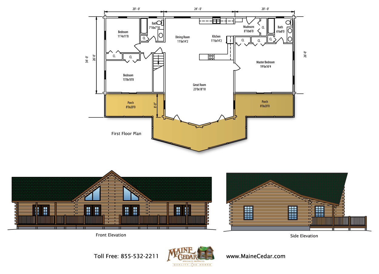 Floor plan and exterior elevation of a house with tan siding and dark green roof.