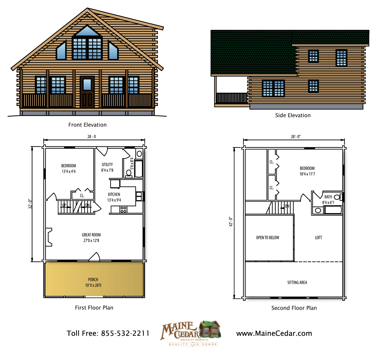 Wooden cabin house plans showing front, side, and floor layouts with dimensions and room labels