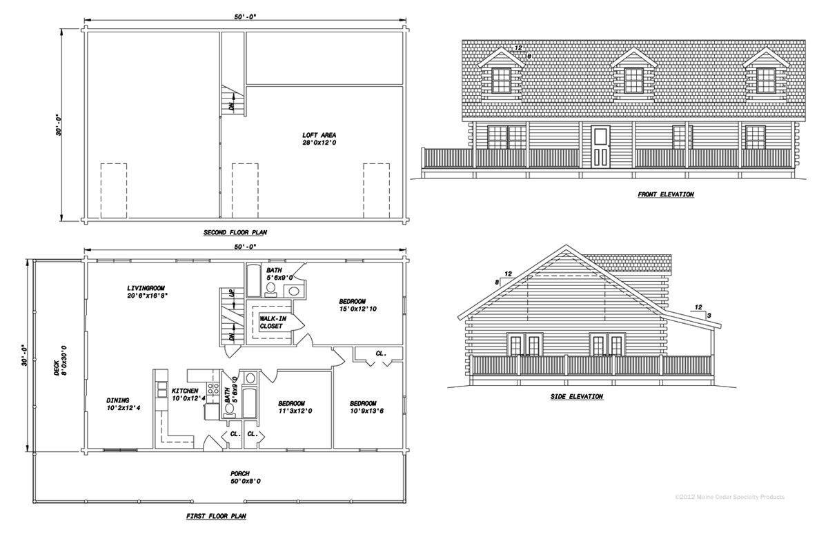 Architectural blueprint of a building, showing floor plan, front elevation, and side elevation views.