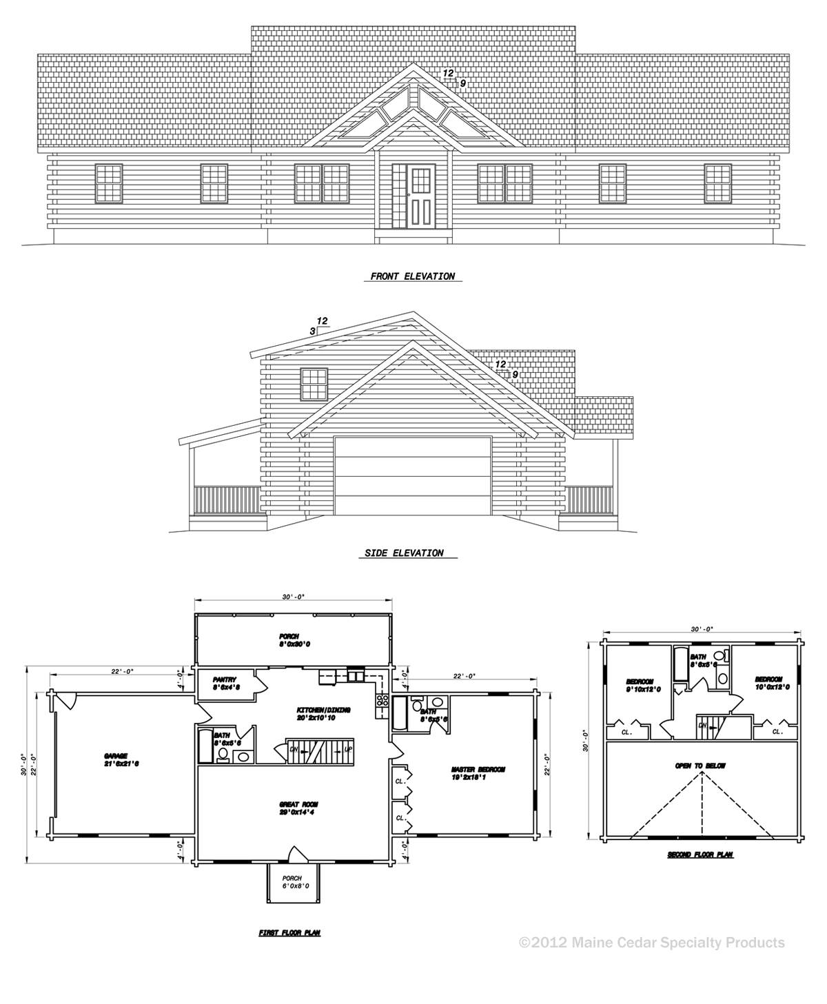 Architectural blueprint of a house facade, side elevation, floor plan, and roof plan in black and white